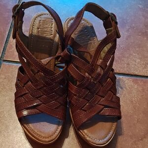 Brown Woven Leather Women's Wedge Sandals
